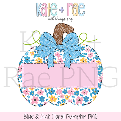 Blue and Pink Floral Pumpkin Faux Applique PNG