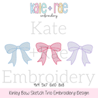 Kinley Bow Trio Sketch Stitch Embroidery Design: Design preview of light blue, pink, and lavender sketch stitch bows in a row, available in 4x4, 5x7, 6x10, and 8x8