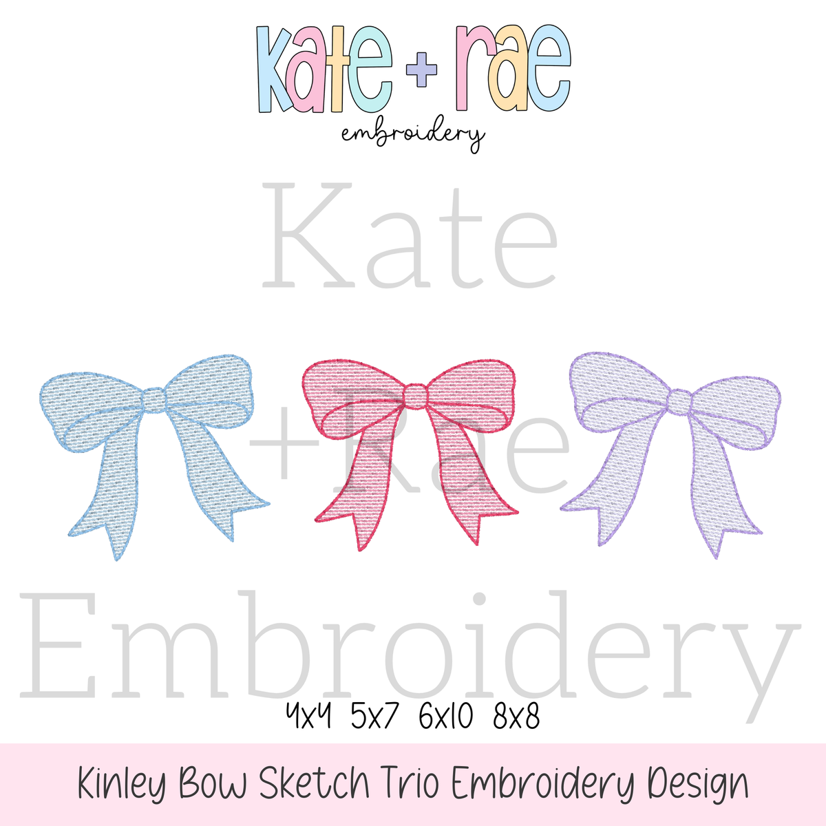 Kinley Bow Trio Sketch Stitch Embroidery Design: Design preview of light blue, pink, and lavender sketch stitch bows in a row, available in 4x4, 5x7, 6x10, and 8x8