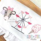 Girl's Fair with Cow Trio Sketch Stitch Embroidery Design: Cow with a pink bow, Ferris wheel, and cotton candy in sketch stitch on a white ruffled shirt