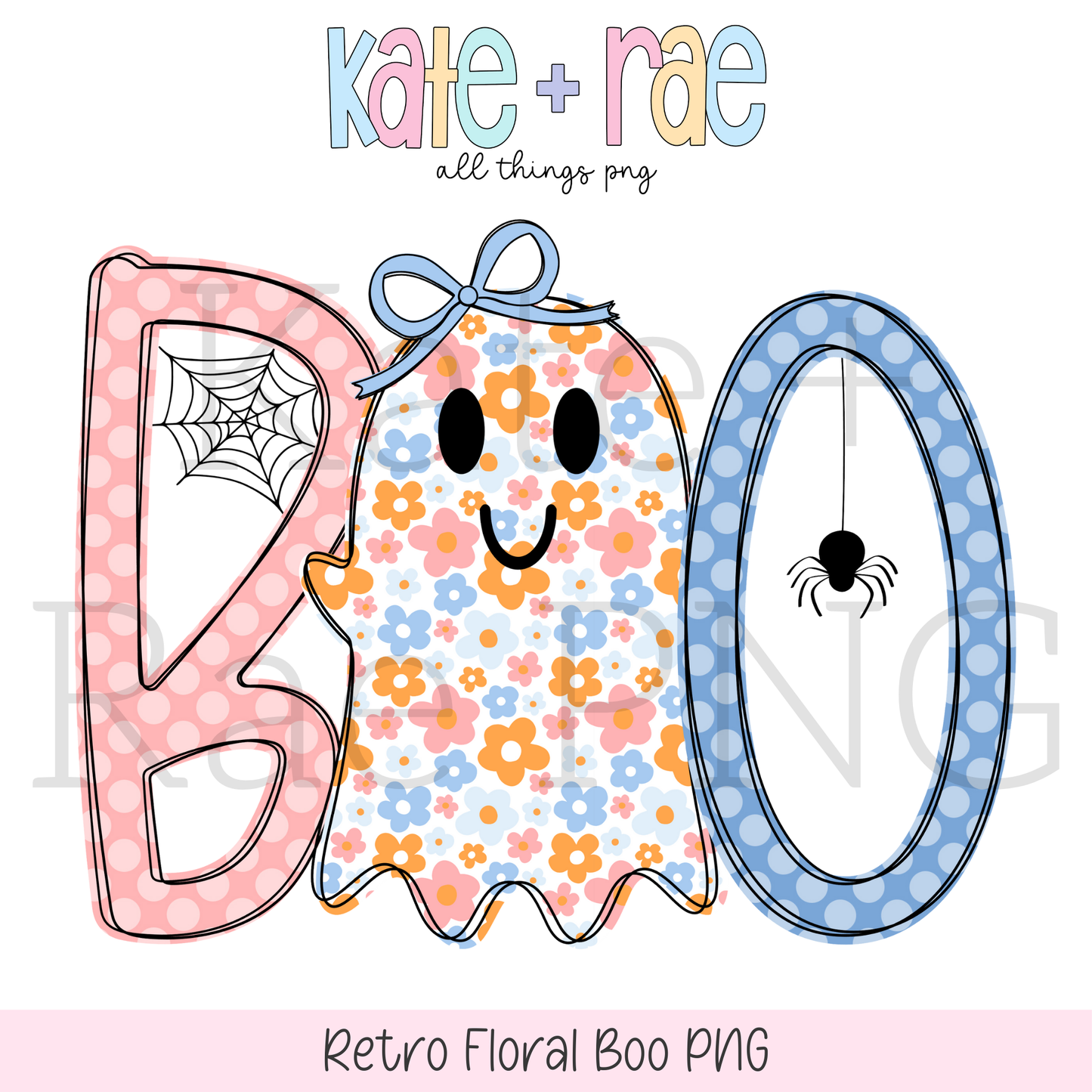 Girls Retro Floral Boo Halloween PNG