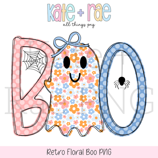 Girls Retro Floral Boo Halloween PNG