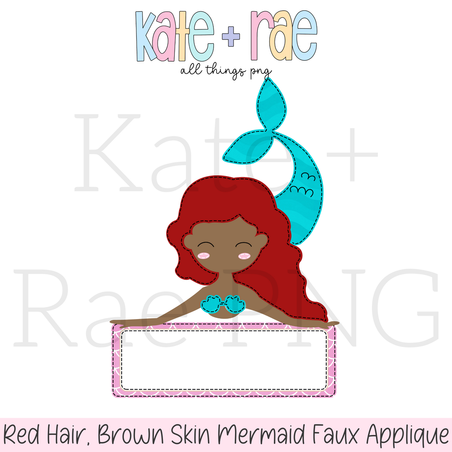 Red Hair, Brown Skin Mermaid Faux Applique PNG