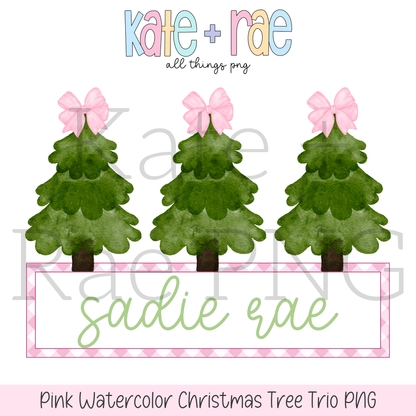 Girl's Watercolor Christmas Tree Trio with Nameplate PNG