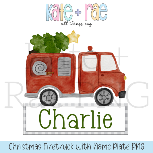 Boy's Watercolor Christmas Firetruck with Name Plate PNG