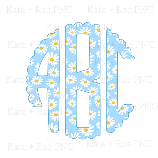 Blue Daisy Scalloped Circle Monogram