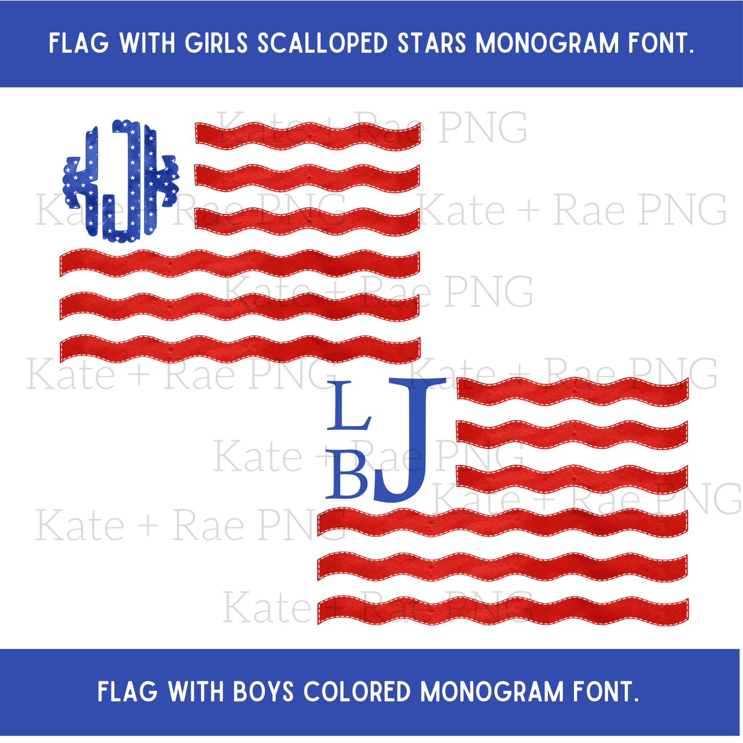 American flag faux applique with girls and boys monogram font.