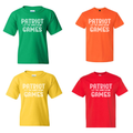 Patriot Games Shirts: Green, orange, yellow, and red shirts printed with PATRIOT GAMES