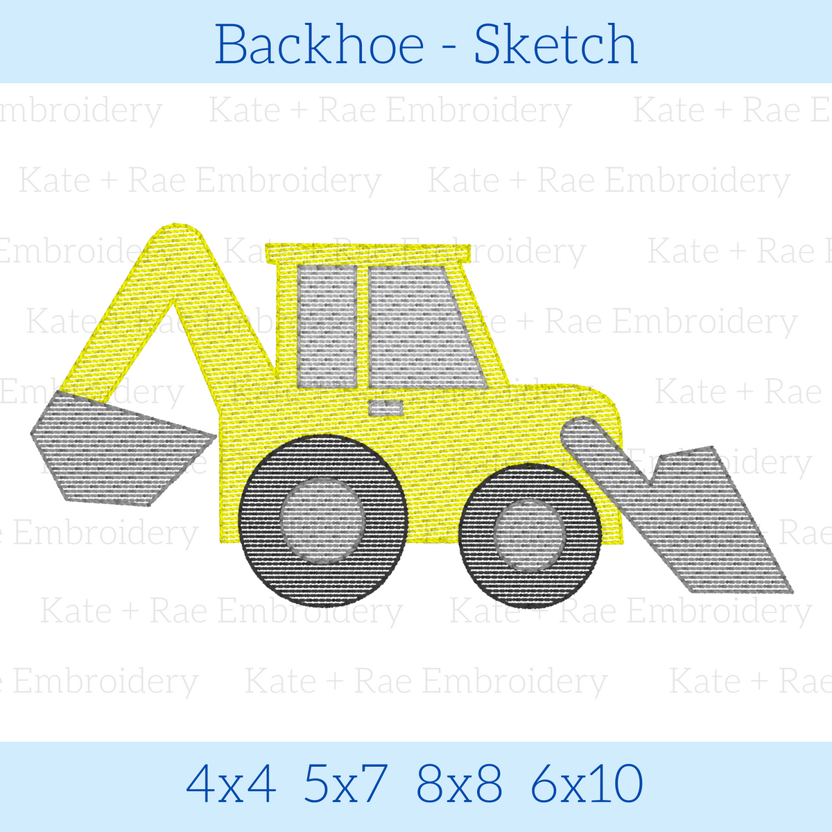 Backhoe Sketch Stitch Embroidery Design: Design preview of a yellow sketch stitch backhoe, available in 4x4, 5x7, 8x8, and 6x10