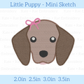 Little Girl Puppy Mini Sketch Stitch Embroidery Design: Design preview of a brown floppy-eared puppy face with a pink bow, available in 2 to 3.5 inch sizes
