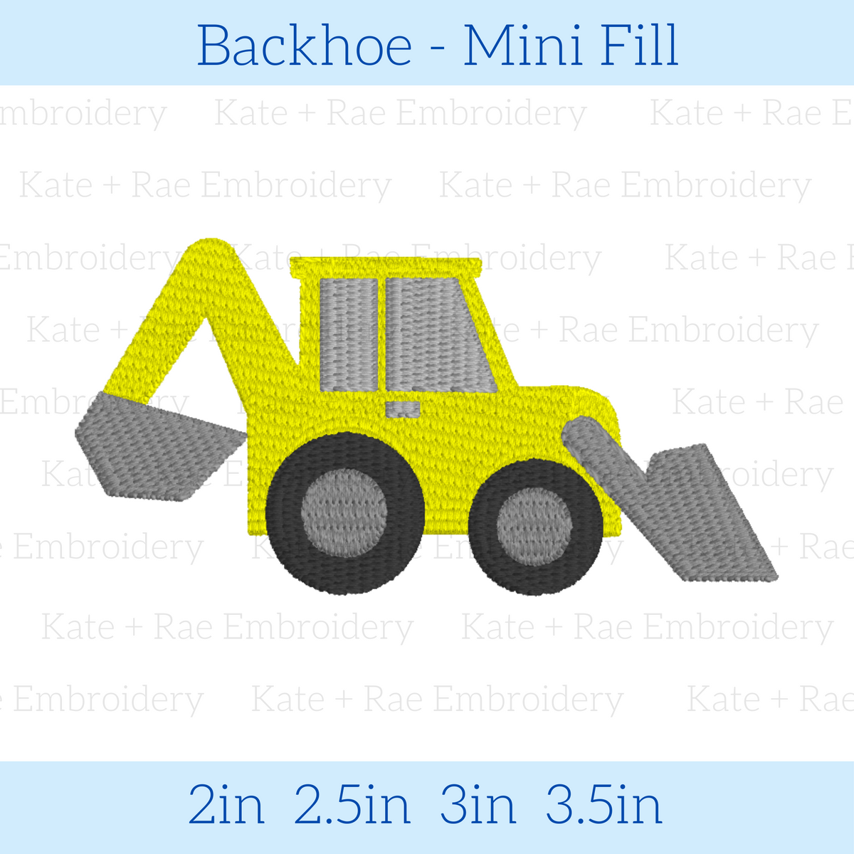 Backhoe Mini Fill Embroidery Design: Design preview of a small yellow fill stitch backhoe, available in 2 to 3.5 inch sizes