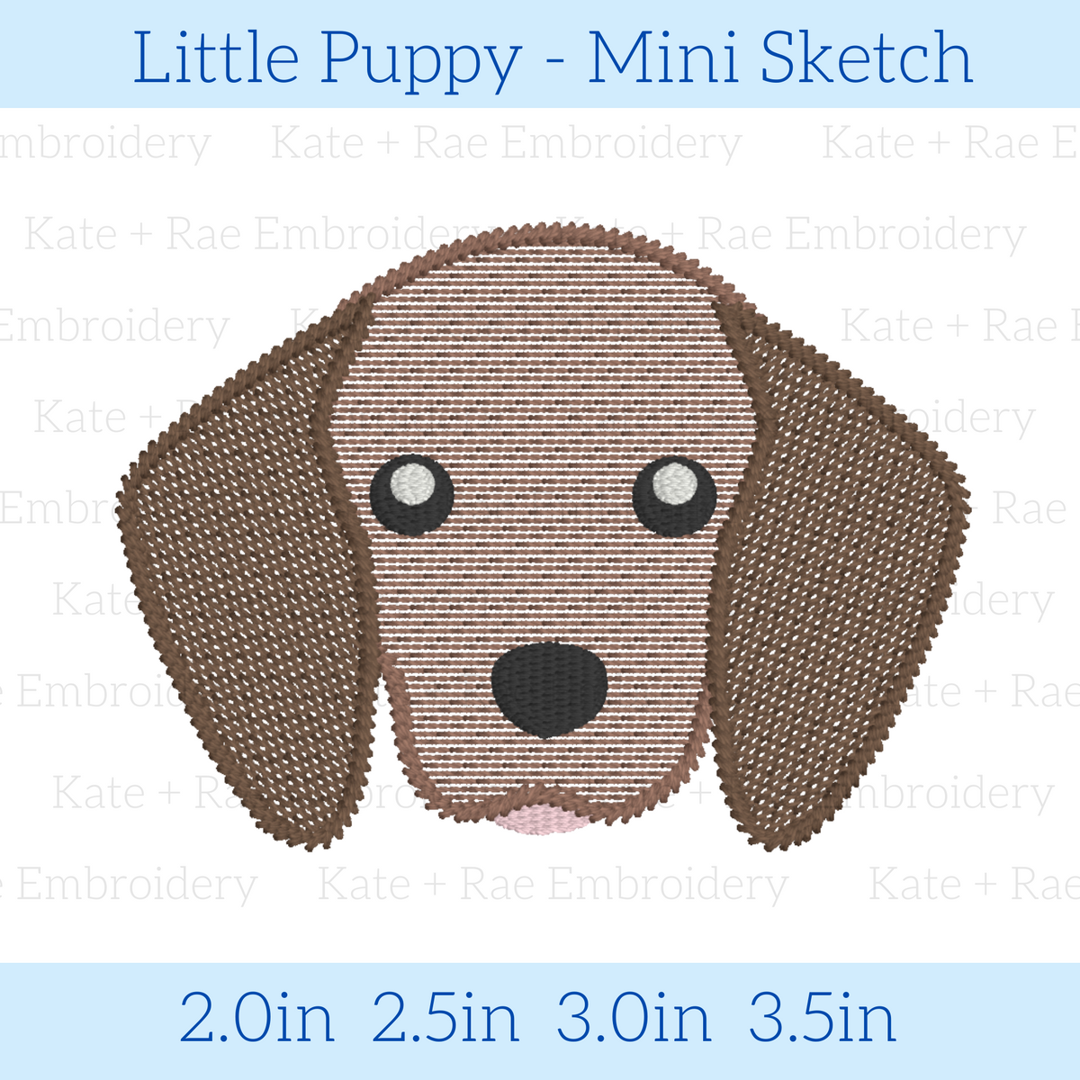 Little Boy Puppy Mini Sketch Stitch Embroidery Design: Design preview of a brown floppy-eared puppy face, available in 2 to 3.5 inch sizes