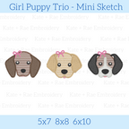 Girl Puppy Dog Trio Sketch Stitch Embroidery Design: Design preview of three puppy faces with pink bows in a row, available in 5x7, 8x8, and 6x10