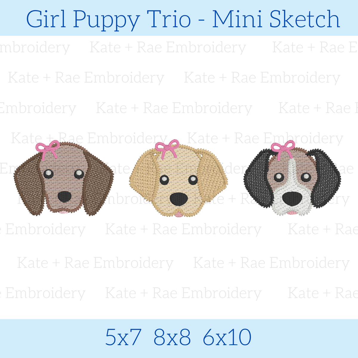 Girl Puppy Dog Trio Sketch Stitch Embroidery Design: Design preview of three puppy faces with pink bows in a row, available in 5x7, 8x8, and 6x10