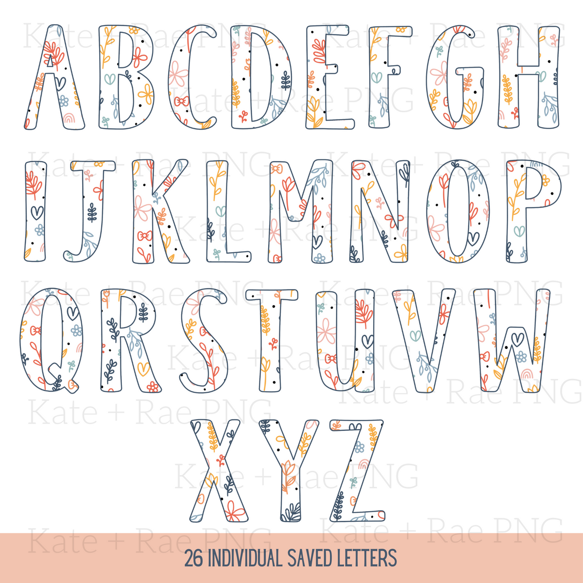 Tiny Doodles Alphabet Pack: Full A to Z alphabet in floral doodle-patterned letters, 26 individual saved letters