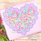 Scalloped Double Heart Zigzag Stitch Applique Embroidery Design: Pink floral heart applique with a lavender polka dot scalloped edge on a pink shirt