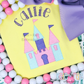 Princess Castle Sketch Stitch Embroidery Design: Pastel sketch stitch princess castle below the name Callie in purple on a yellow shirt