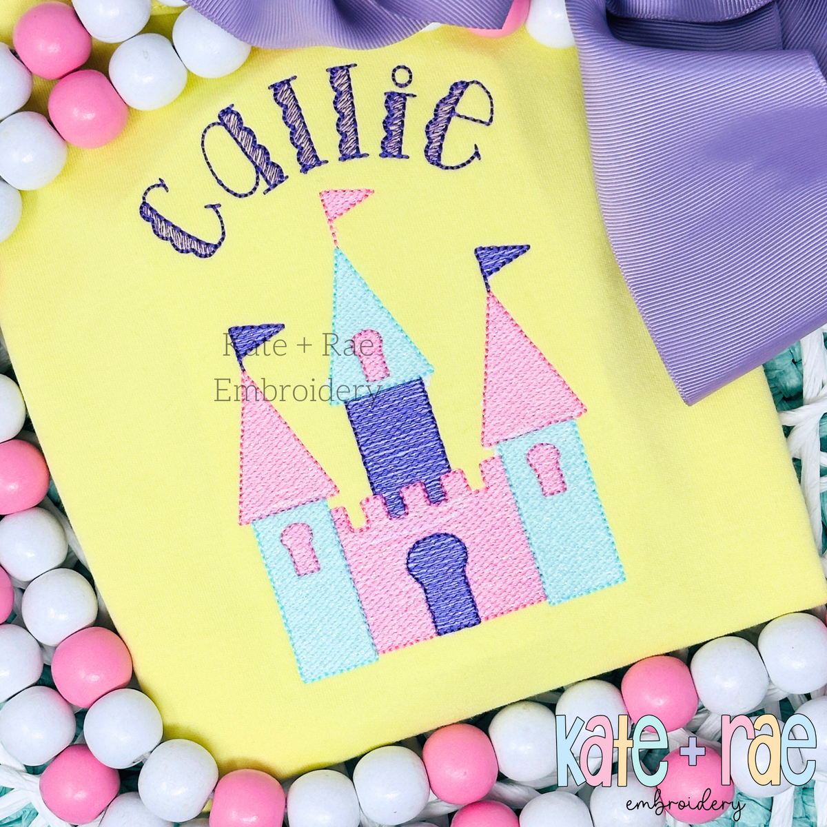 Princess Castle Sketch Stitch Embroidery Design: Pastel sketch stitch princess castle below the name Callie in purple on a yellow shirt