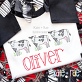 Valentine's Day Cow Trio with Hearts Sketch Stitch Embroidery Design: Three sketch stitch cows with heart spots above the name Oliver in red on a white shirt
