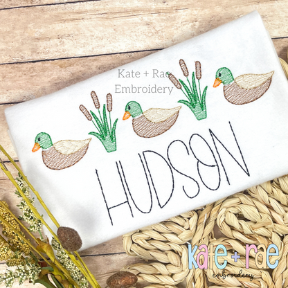 Mallard Ducks and Cattails Sketch Stitch Embroidery Design