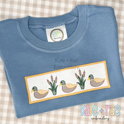 Mallard Ducks and Cattails Sketch Stitch with Satin Applique Patch Embroidery Design