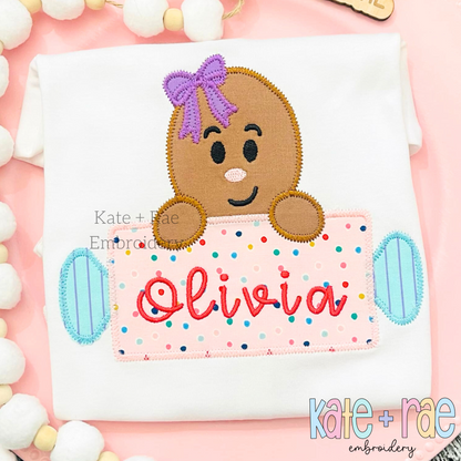 Gingerbread Girl with Rolling Pen Name Plate Zigzag Stitch Applique Embroidery Design