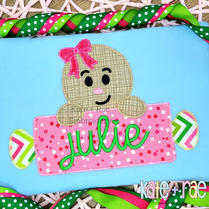 Gingerbread Girl with Rolling Pen Name Plate Zigzag Stitch Applique Embroidery Design