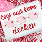 Heart Piggy Trio Sketch Stitch Embroidery Design: Three pink sketch stitch pigs between the words hogs and kisses and decken in red script on a white shirt