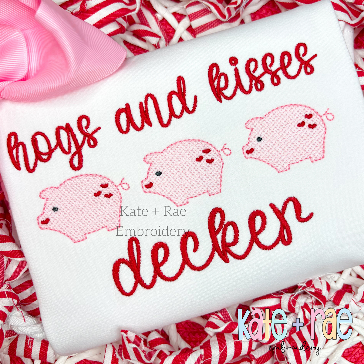 Heart Piggy Trio Sketch Stitch Embroidery Design: Three pink sketch stitch pigs between the words hogs and kisses and decken in red script on a white shirt