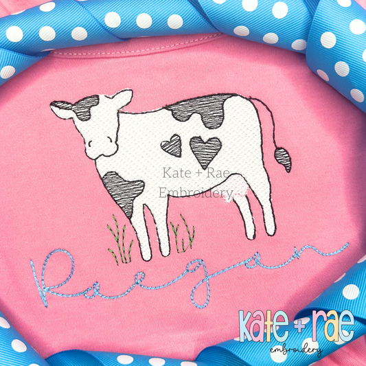 Valentine's Day Cow with Hearts Zigzag Stitch Applique Embroidery Design