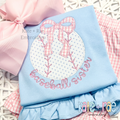 Baseball/ Softball with Merritt Bow Zigzag Stitch Embroidery Design: Baseball applique with a pink gingham bow above the words baseball sister in pink on a light blue shirt