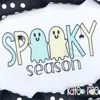 Boys Spooky Season Sketch Stitch Embroidery Design: Aqua and yellow sketch ghosts in SPOOKY with a hanging spider above season on a white shirt