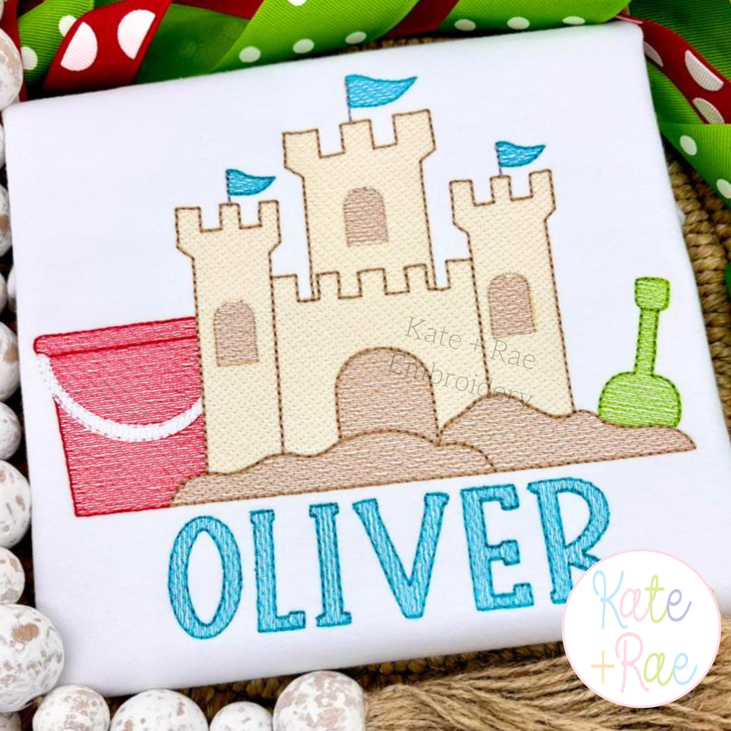 Beach Sand Castle with Bucket and Shovel Sketch Stitch Embroidery Design