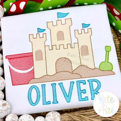 Beach Sand Castle with Bucket and Shovel Sketch Stitch Embroidery Design
