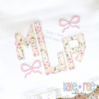 Bow Mini Satin Stitch Embroidery Design: Close-up of a floral applique monogram with pink satin mini bows