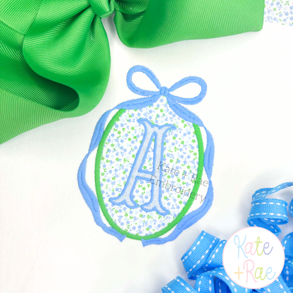 Oval Monogram Frame with Long Tail Bow Satin Stitch Applique