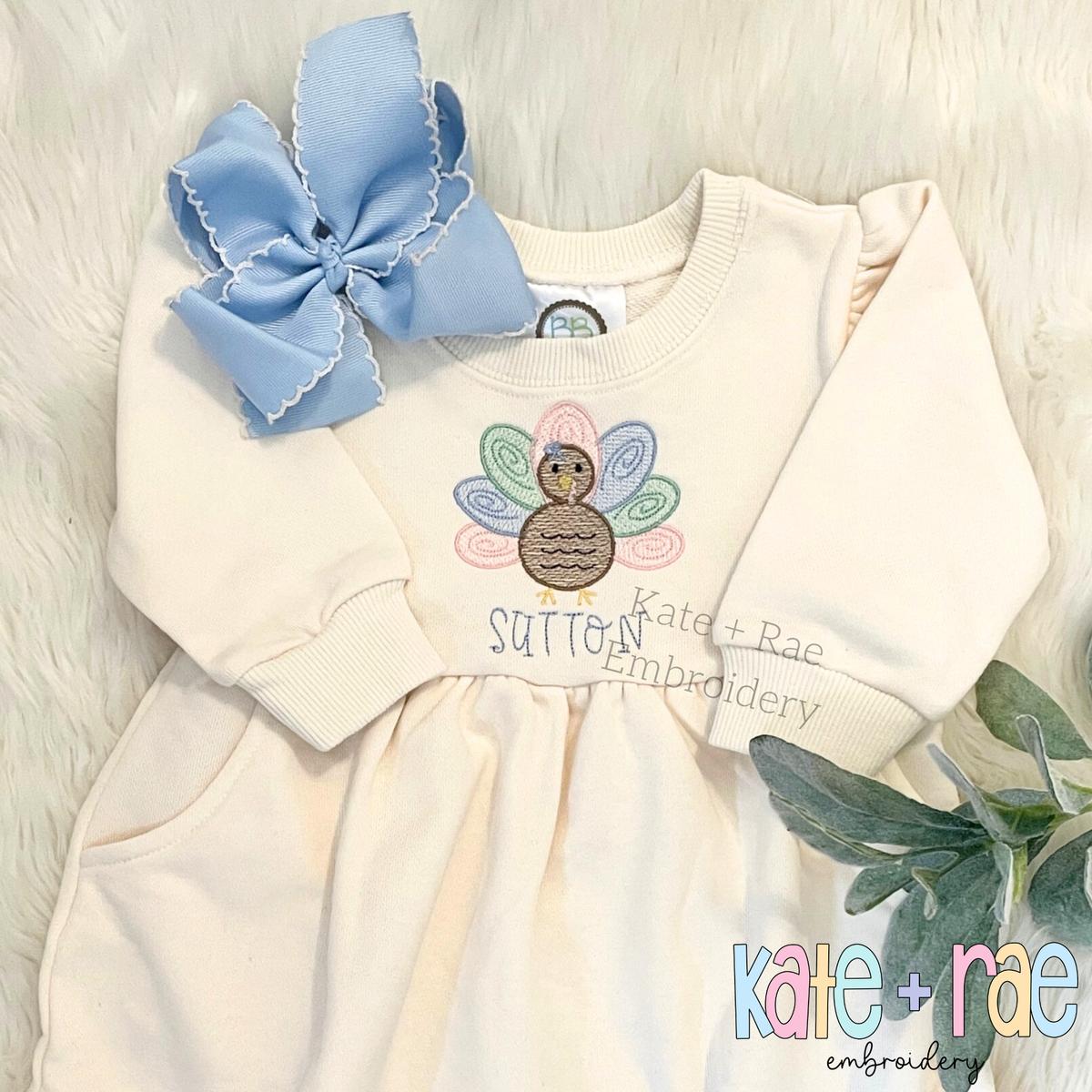 Girl's Thanksgiving Turkey Sketch Stitch with Satin Outline Machine Embroidery Design