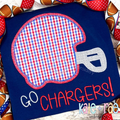 Football Helmet Double Zigzag Applique Embroidery Design: Red and blue gingham football helmet applique above GO CHARGERS in red on a navy shirt