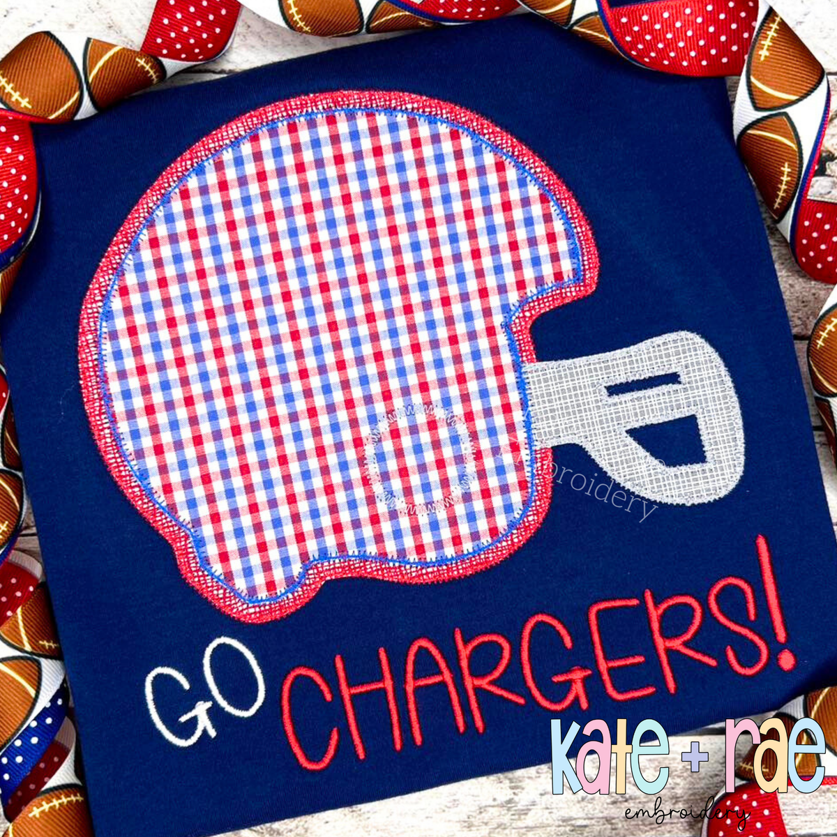 Football Helmet Double Zigzag Applique Embroidery Design: Red and blue gingham football helmet applique above GO CHARGERS in red on a navy shirt