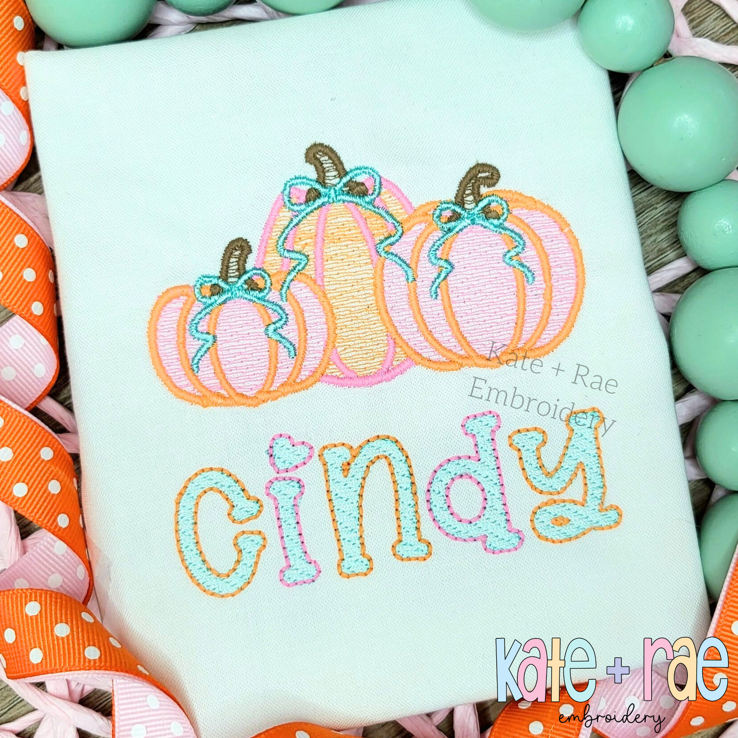 Girl's Fall Pumpkin Trio with Bows Sketch Stitch with Satin Outline Machine Embroidery Design