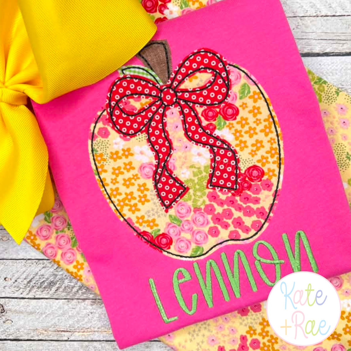 Apple with Bow Bean Stitch Applique Embroidery Design