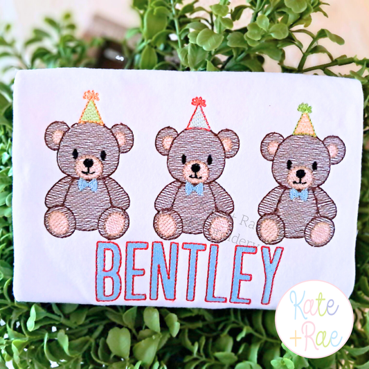 Boy's Teddy Bear Birthday Trio Sketch Stitch Embroidery Design