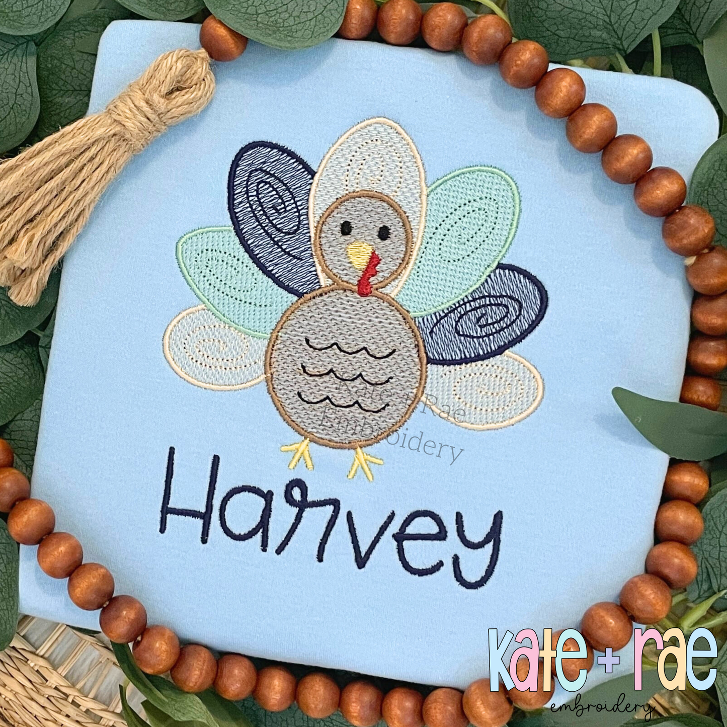Boy's Thanksgiving Turkey Sketch Stitch with Satin Outline Machine Embroidery Design