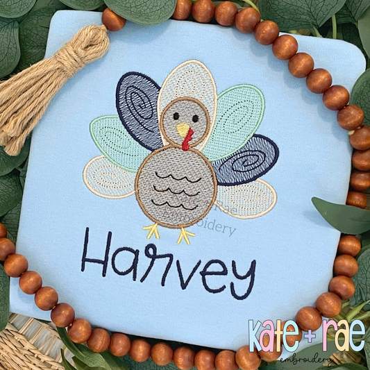 Boy's Thanksgiving Turkey Sketch Stitch with Satin Outline Machine Embroidery Design