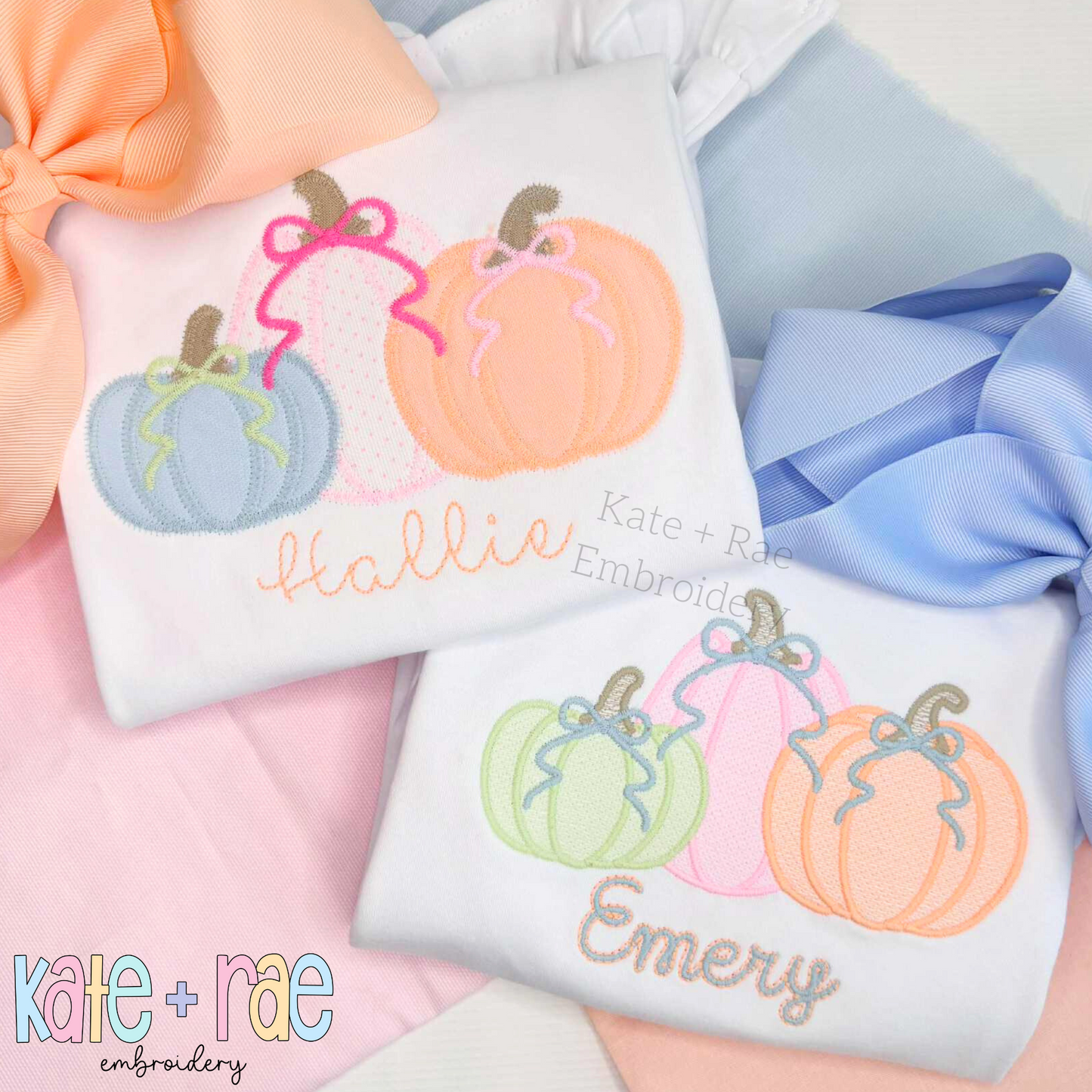 Girl's Fall Pumpkin Trio with Bows Sketch Stitch with Satin Outline Machine Embroidery Design