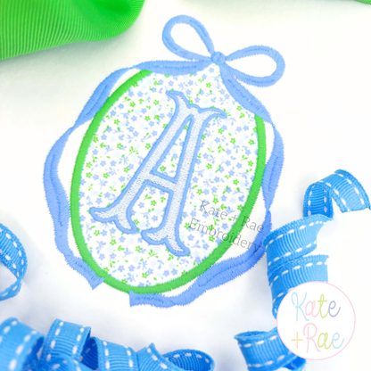 Oval Monogram Frame with Long Tail Bow Satin Stitch Applique