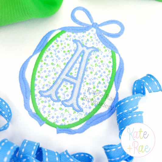 Oval Monogram Frame with Long Tail Bow Satin Stitch Applique