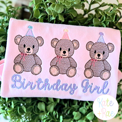 Girl's Teddy Bear Birthday Trio Sketch Stitch Embroidery Design