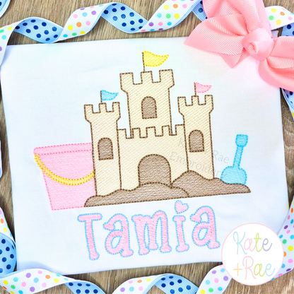 Beach Sand Castle with Bucket and Shovel Sketch Stitch Embroidery Design