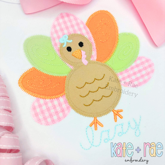 Girl's Thanksgiving Turkey Zigzag Applique Machine Embroidery Design